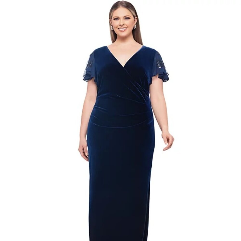 Betsy & Adam Embellished Flutter-Sleeve Velvet Gown Navy Plus Size 14W